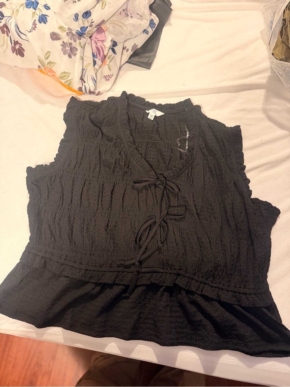 Time and Tru Black Tie-Front Ruffle Hem Sleeveless Top